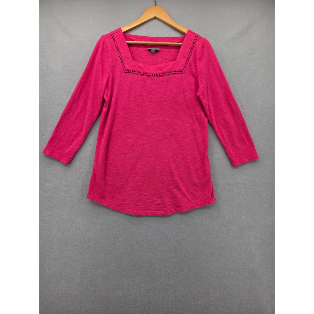 Style & Co Pink Cotton Slub Knit Top Square Neck Crochet Trim 3/4 Sleeve Medium